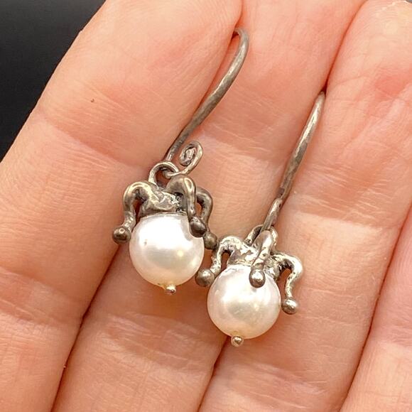 Vintage Sterling Silver Pearl Court Jester Hat Earrings Dangle Drop Unique - Picture 1 of 8